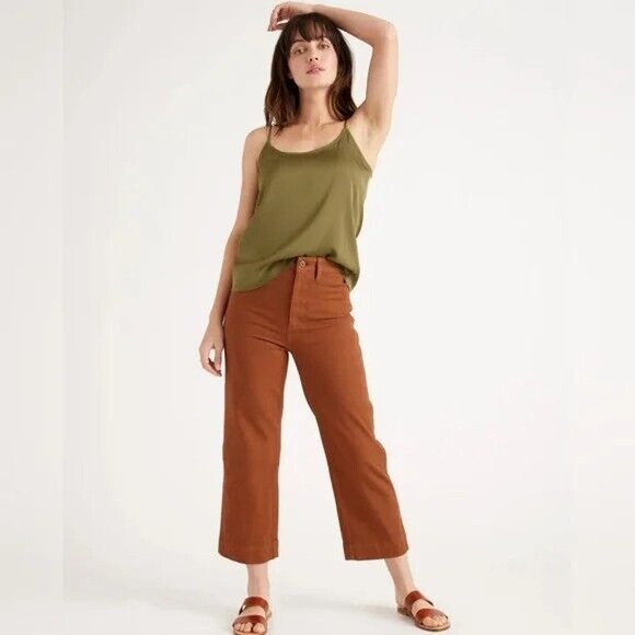 Quince Stretch Cotton Twill Wide-Leg Crop Pant Rust Brown High Rise Size 31  NEW - Picture 2 of 4